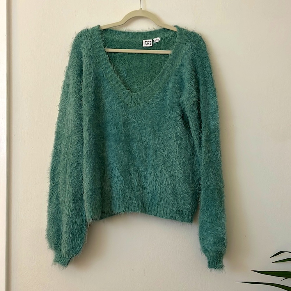Somedays Lovin Eyelash Fuzzy sage green sweater